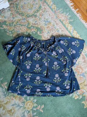 OLD NAVY Women L Tall Shirt Blouse Teal Floral Block Print Peasant Boho Cotton